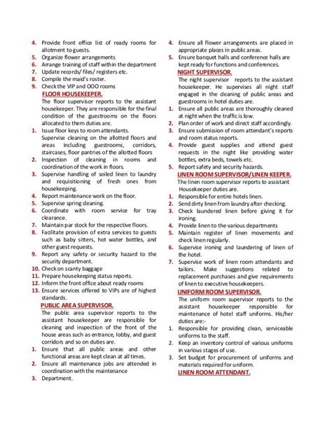 DUTIES AND RESPONSIBILITIES OF HOUSEKEEPING STAFF.